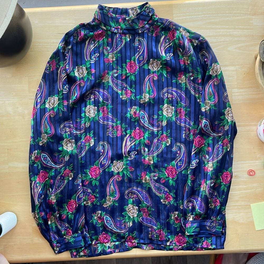 Vintage Striped Floral High-neck Blouse Large